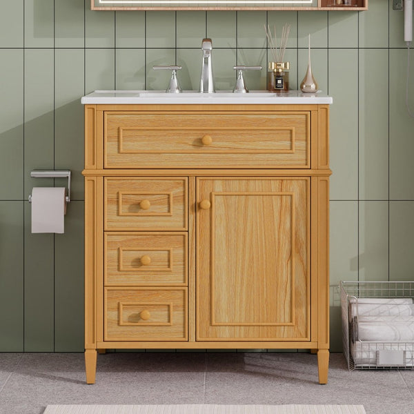 English Elm 30" Pine Wood Bathroom Vanity with Ceramic Sink Soft Close Drawers and Vintage Knobs N725P375498N