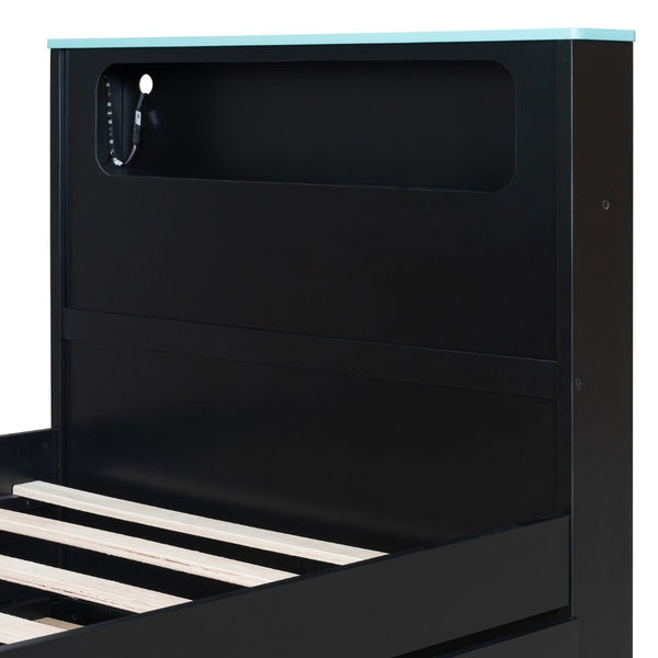 English Elm Twin Wood Gaming Daybed with Trundle Built-in Desk Rgb Lighting and Usb Port Black+Blue LT000283AAC