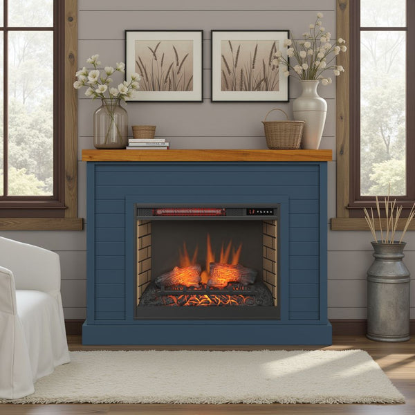 English Elm 48 Inch Fireplace Mantel with Shiplap Panels and Plank Top, Two-Tone Farmhouse Charm, Electric Heat Blue B108131559