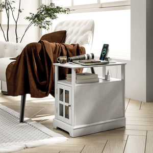English Elm HOMCOM Narrow End Table with Built-In Charging Station, Hidden Glass Storage and Open Shelf Elegance White W2225P229463