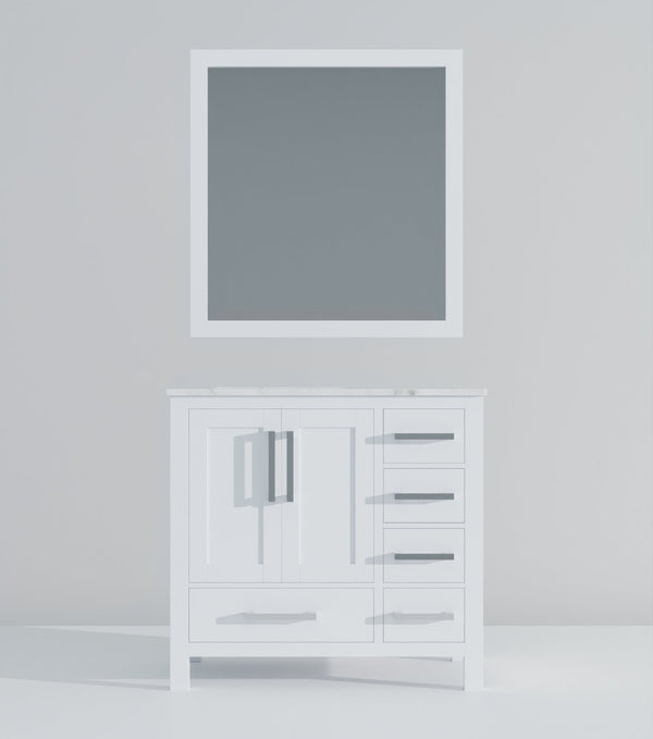 English Elm White Bath Vanity With Carrara Marble Top, 36" W, Soft-Close Drawers & Coordinated Mirror Set B2731S00679-GIGA