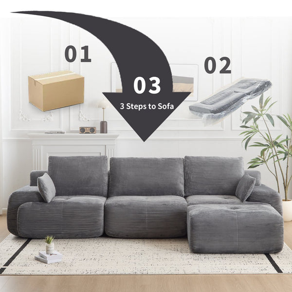 English Elm Modern Memory Foam Compressed Sofa — Pet-Friendly Corduroy Modular Sectional, Cloud-Like Comfort, No Assembly Grey W3723S00011