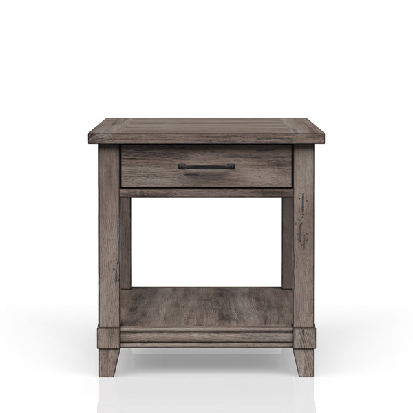 English Elm End End Table W/ Storage Drawer & USN Gray Rustic Finish USB Charging Ports Solid Wood Shelf Storage B2699P208929
