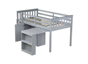 English Elm Twin Loft Bed Rubberwood Frame Pull Out Desk Storage Cabinet and Shelf Kids Room Grey W504S00287