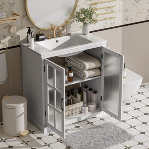 English Elm Christopher Knight Home® - 30" Modern Bathroom Vanity with Ceramic Sink, Tempered Blurred Glass Doors, Rubber Wood Frame Storage White N817P279904W