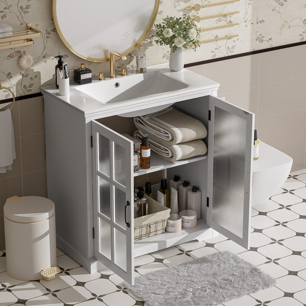 English Elm Christopher Knight Home® - 30" Modern Bathroom Vanity with Ceramic Sink, Tempered Blurred Glass Doors, Rubber Wood Frame Storage White N817P279904W