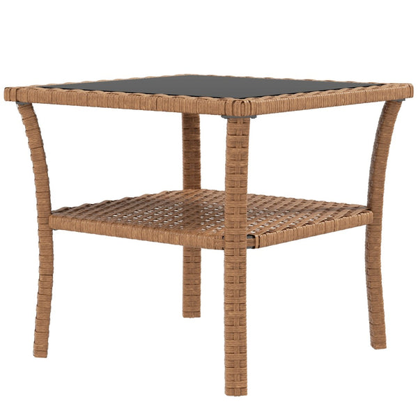 English Elm Outsunny Rattan Side Table - Stylish Outdoor Coffee Table With Storage Shelf & Glass Top, Sand W2225P200703-GIGA