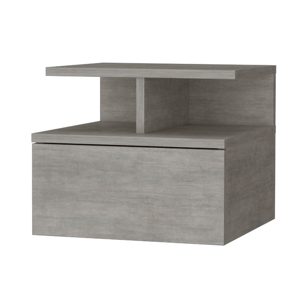 English Elm Augusta Floating Nightstand Concrete Gray — Wall-Mount 1-Drawer + 2-Tier Shelf, Space-Saving Modern Design B128P176116