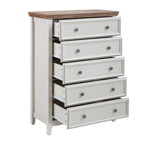 English Elm Modern 5-Drawer Dresser Tall Chest with Smooth-Glide Drawers, Metal Handles, Stable Feet, Beige Finish W2275P233488