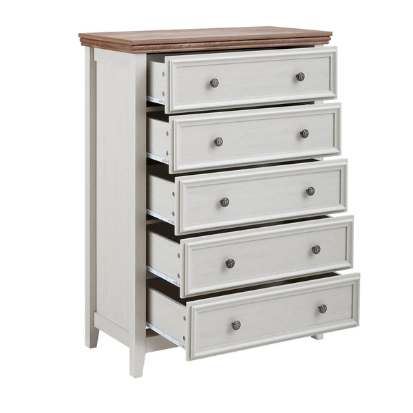 English Elm Modern 5-Drawer Dresser Tall Chest with Smooth-Glide Drawers, Metal Handles, Stable Feet, Beige Finish W2275P233488