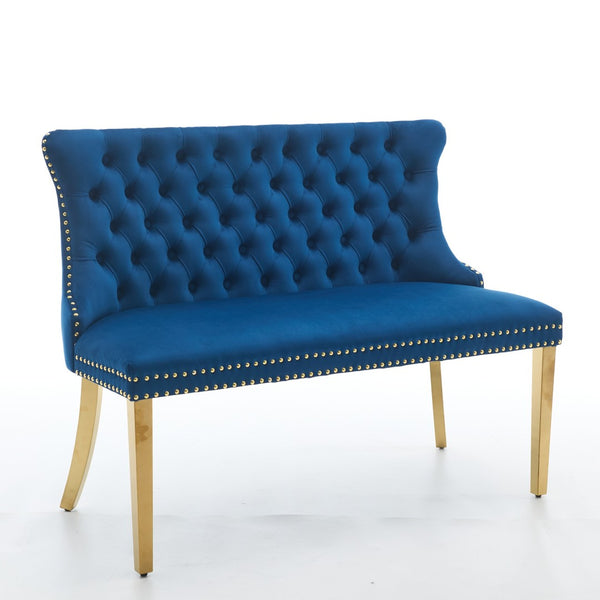 English Elm Velvet Wingback Dining Bench Tufted Two Seat Mid Century Modern Brushed Steel Base Blue W1143P406979