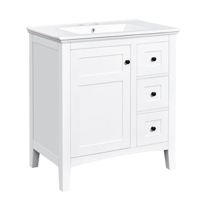 English Elm 30 Inch Bathroom Vanity with Ceramic Sink and 3 Smooth-Glide Drawers, Modern Moisture-Resistant Storage White N710P252105K