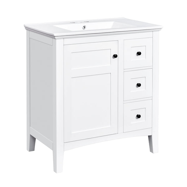 English Elm 30 Inch Bathroom Vanity with Ceramic Sink and 3 Smooth-Glide Drawers, Modern Moisture-Resistant Storage White N710P252105K