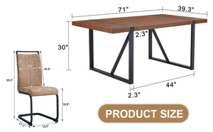 English Elm Table Set – Industrial Walnut Dining Table With 8 Brown Tech Fabric Chairs & Black Metal Legs, 71"X39" W1151S02440-GIGA