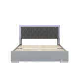 English Elm 4-Pieces Bedroom Sets Queen Size Upholstered Bed With Led Lights, Mirrored Nightstands and Dresser With Metal Handles and Legs,Grey