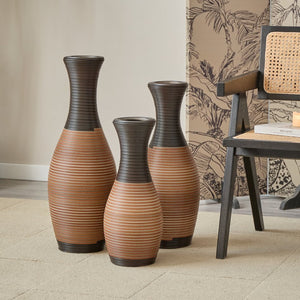 English Elm Set of 3 designer floor vases in Grey+Brown PVC, modern rattan-look tall decor for hallways & living rooms W2796P261496