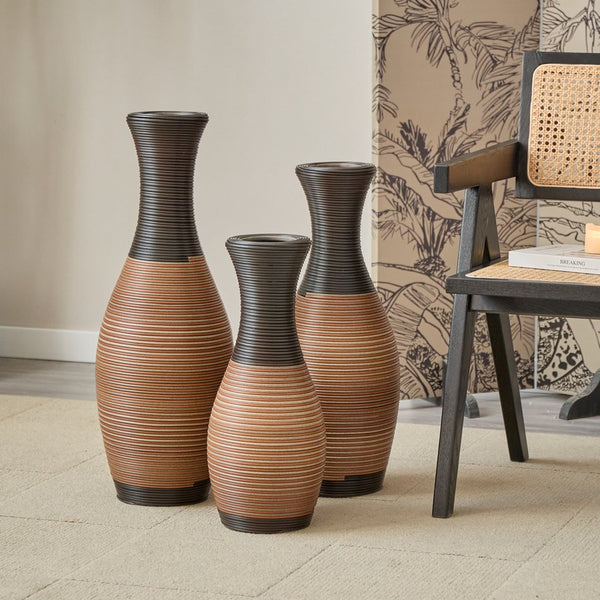 English Elm Set of 3 designer floor vases in Grey+Brown PVC, modern rattan-look tall decor for hallways & living rooms W2796P261496