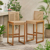 Christopher Knight Home® - Noble House - Elon Outdoor Wicker Barstools, Light Multi-Brown and Teak - Set of 2