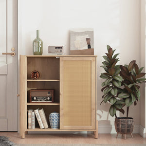 English Elm Mid-Century Woven Rattan Door Storage Cabinet with Adjustable Shelves and Solid Wood Legs, Stylish and Functional Natural 35.4 L x 18.5 W x 6.3 H W3151P288911