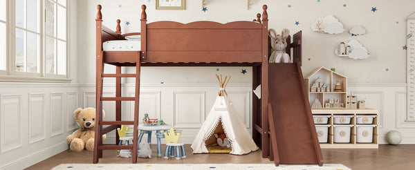 English Elm Twin Loft Bed Solid Pine Frame with Wardrobe Shelving Detachable Slide Kids Room Antique Natural W5305S00020