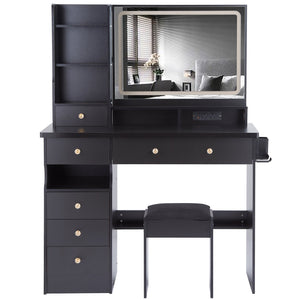 English Elm 41" Large Vanity Table Set With Cushioned Stool, Led Mirror, Power Station, And Stylish Design Features W936P230829