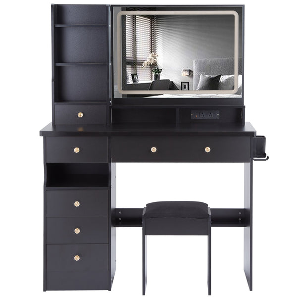 English Elm 41" Large Vanity Table Set With Cushioned Stool, Led Mirror, Power Station, And Stylish Design Features W936P230829