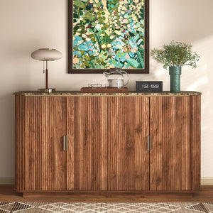 English Elm 60'' Fluted Oak Credenza with Faux Marble Top and Gold Trim Four Door Buffet Walnut W5216P454713