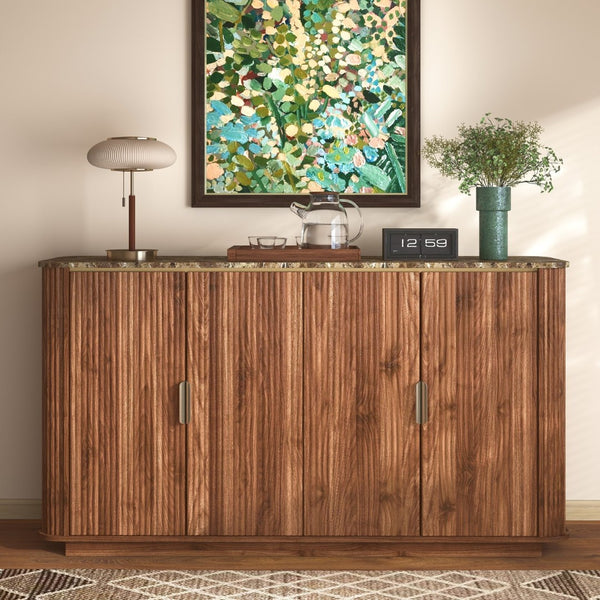 English Elm 60'' Fluted Oak Credenza with Faux Marble Top and Gold Trim Four Door Buffet Walnut W5216P454713