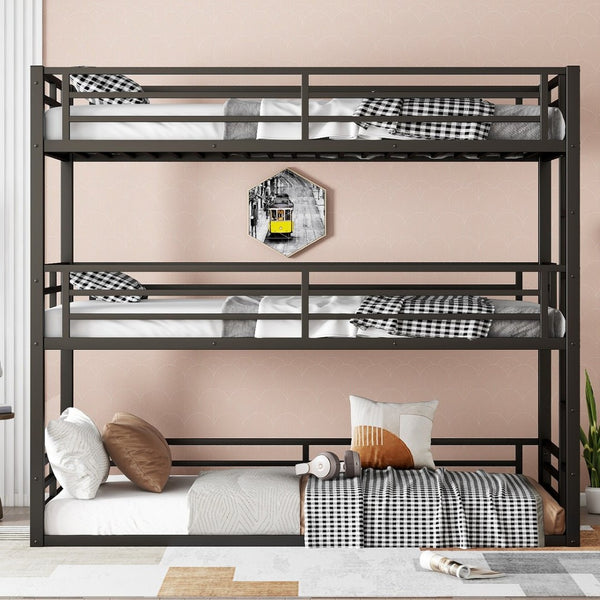 English Elm Twin Xl Triple Bunk Bed - Heavy-Duty Metal Frame With Guardrails & Noise-Reduced Design In Black W1580S00143-GIGA