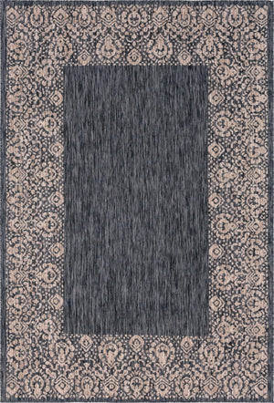 Unique Loom Outdoor Border Floral Border Machine Made Floral Rug Charcoal Gray, Beige/Gray 6' 1" x 9' 0"