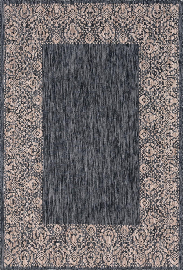 Unique Loom Outdoor Border Floral Border Machine Made Floral Rug Charcoal Gray, Beige/Gray 6' 1" x 9' 0"