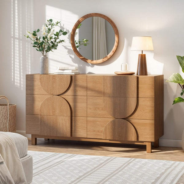 English Elm Modern Fluted 6 Drawer Dresser with Solid Wood Legs Japandi Chest for Bedroom Natural N739S0000013W