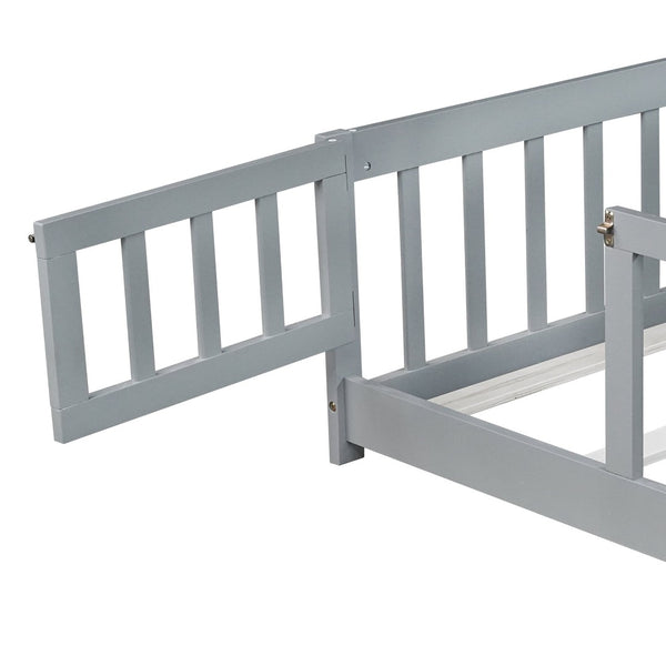 English Elm Twin Solid Rubberwood Floor Bed with Full Perimeter Safety Rails for Toddler Rooms Grey W504P296784