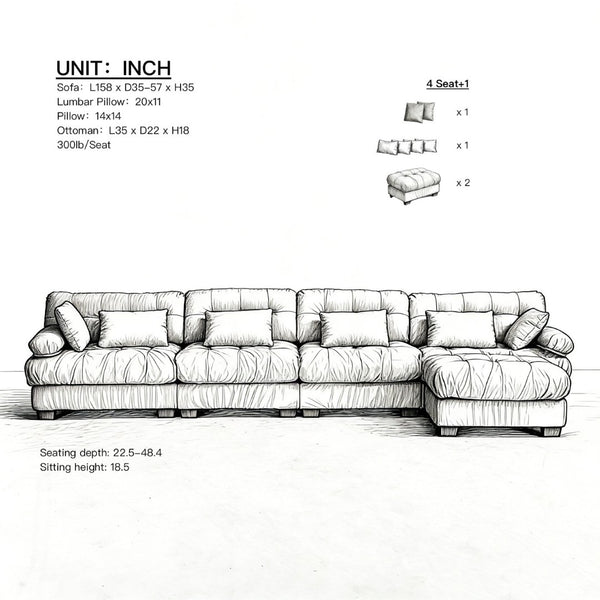 English Elm Modular Cloud Sofa Deep Seat Flannelette Sectional with Round Armrests for Living Room Light Brown W2120S00046