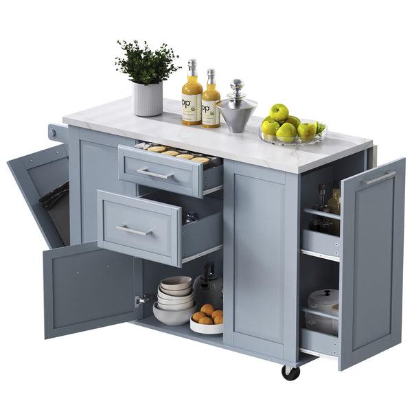 English Elm K&K Vintage Convex Kitchen Island Cart with Faux Marble Top, Tilt Trash, Pull-Out Organizer, Wheels Grey+Blue N707P299008G