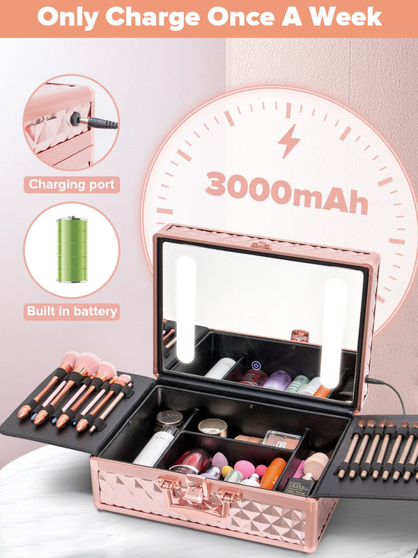 English Elm Portable Led Vanity Makeup Case Aluminum Travel Organizer with Mirror Lock Dividers W1550P163304
