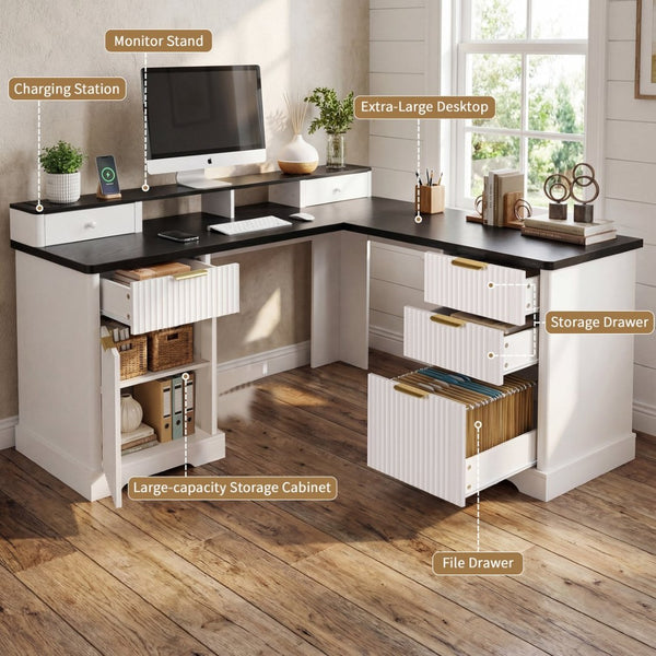 English Elm 59" Fluted Oak L-shaped Corner Desk with Charging Station Monitor Stand and File Storage White W2917S00004