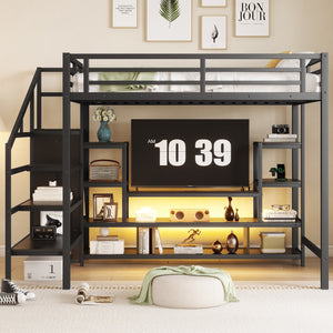 English Elm Full Size Metal Loft Bed With Integrated Tv Stand, Staircase & Wardrobe - Perfect For Kids & Teens! W2593S00012