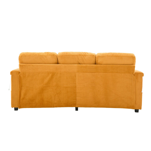 English Elm UNITED Corduroy L-Shaped Sectional Sofa with Storage Ottoman, USB Ports, Cup Holders & LED Lighting Mustard yellow W1568P332403