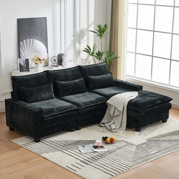 English Elm 99'' Sectional Cloud Deep Seat Couch - Plush Chenille 4-Seat L-Shaped Sofa with Movable Ottoman, Stain-Resistant Comfort and Ergonomic Lumbar Support Black W3373S00024