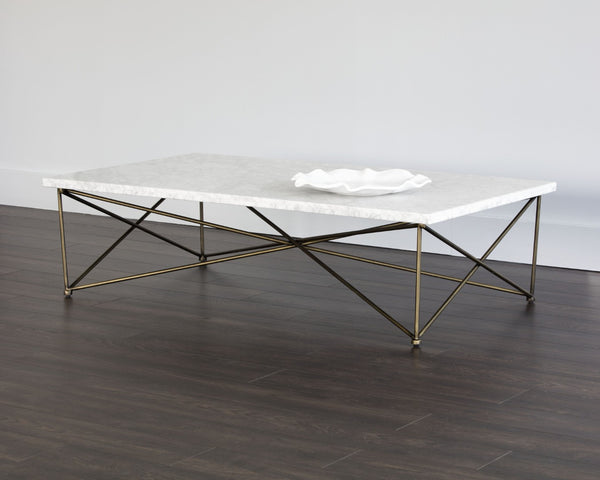Sunpan SKYY Marble Coffee Table - Elegant Rectangular Design with Antique Brass Base for Modern Spaces 102387