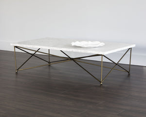 Sunpan Skyy Coffee Table - Elegant Carrara Marble Design with Antique Brass Frame for Modern Spaces Rectangular - 55W x 31.5D x 15H