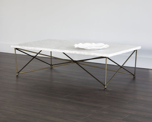 Sunpan Skyy Coffee Table - Elegant Carrara Marble Design with Antique Brass Frame for Modern Spaces Rectangular - 55W x 31.5D x 15H