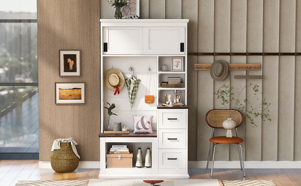 English Elm U-can Hall Tree with Storage Bench Three Drawers Open Shelves and Hooks for Entryway N724P380403K