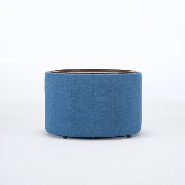English Elm Ball Cast Round Nesting Ottoman Set Linen Upholstered Hidden Storage with Wooden Tray Blue W3163P379374