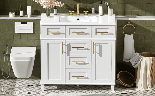 English Elm 36" White Bathroom Vanity Cabinet with Ceramic Sink, Gold Handles, Soft-Close Drawers & Adjustable Shelf N729P204177K