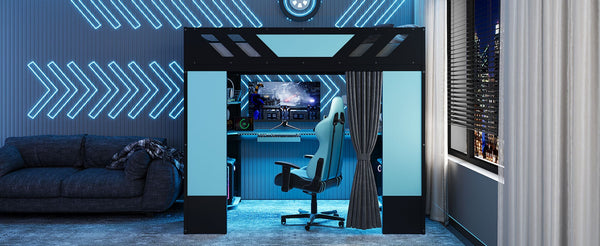 English Elm Full Size Loft Bed with Desk Blackout Curtains Rgb Lighting and Integrated Storage Black+Blue LT000377AAC