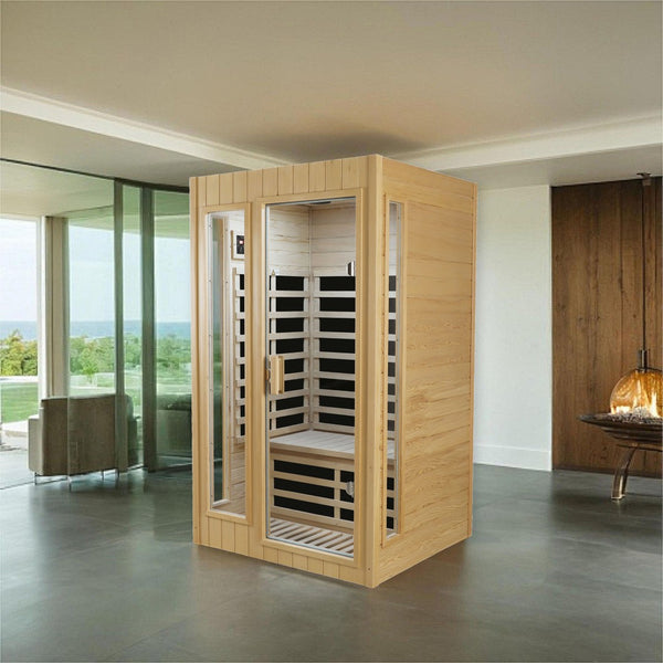 English Elm Hemlock Wood Two Person Far Infrared Indoor Sauna with Bluetooth and Led Lighting W2611S00002