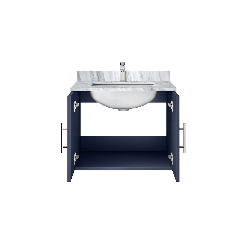 English Elm Navy Blue Bath Vanity With Carrara Marble Top & Chrome Faucet - Stylish Storage For Small Spaces B2731P258561