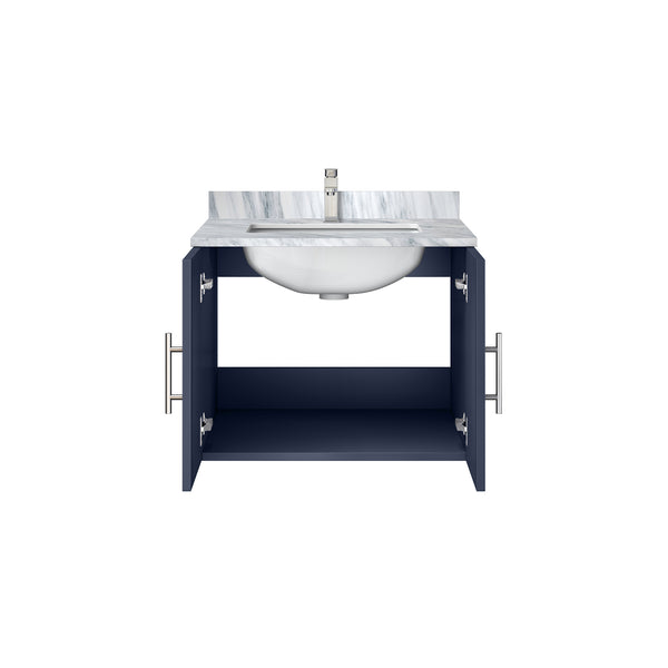 English Elm Navy Blue Bath Vanity With Carrara Marble Top & Chrome Faucet - Stylish Storage For Small Spaces B2731P258561